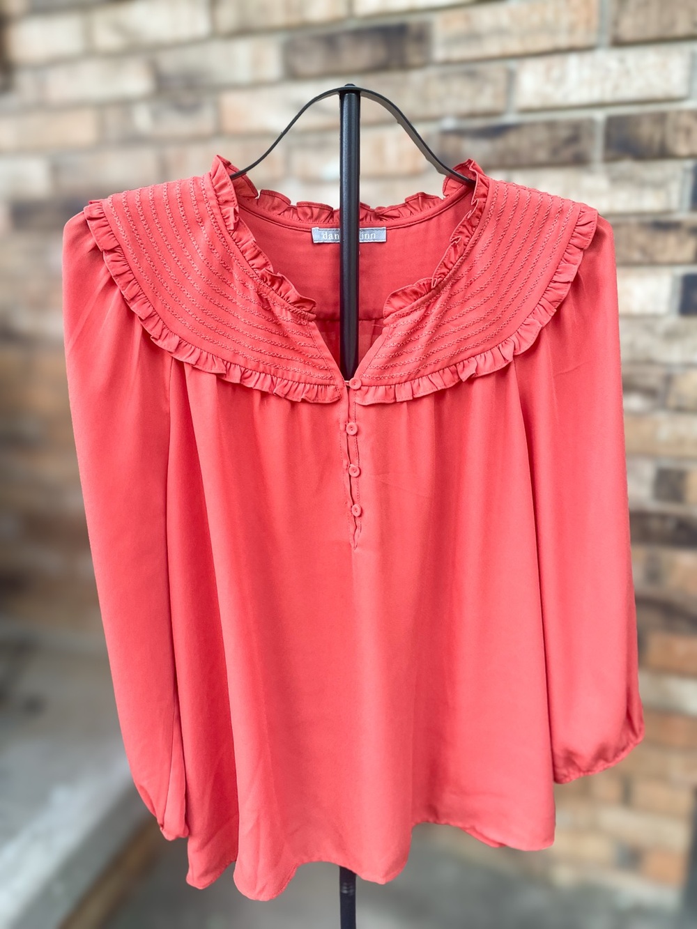 Daniel Rainn Rust Ruffle Pintuck Blouse Women's Large Boho Top